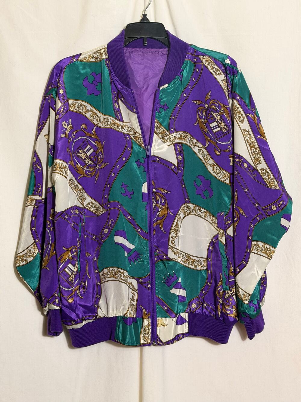 Vintage 90s Satin Bomber Jacket Purple Teal Crest Print Windbreaker One Size USA